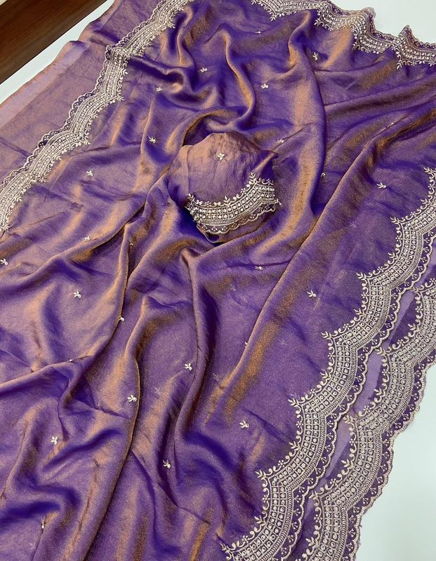 Moss Satin Dual Shade Saree With Multi Embroidery Work