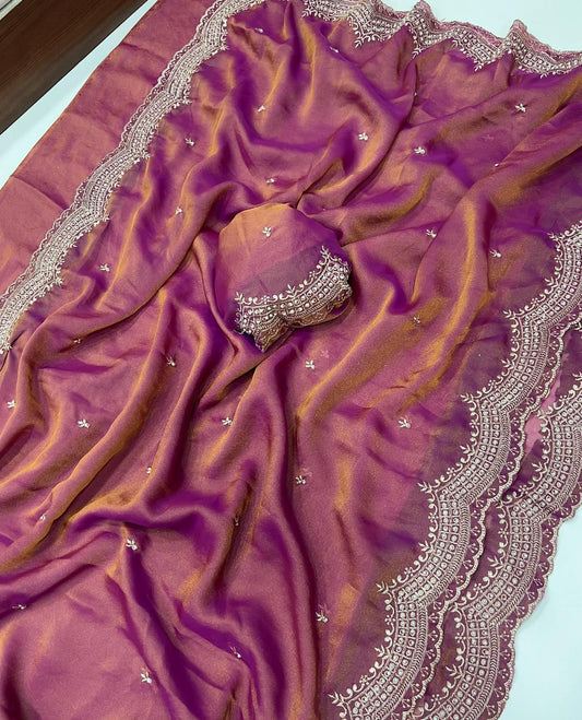 NC Moss Satin Dual Shade Saree With Multi Embroidery Work