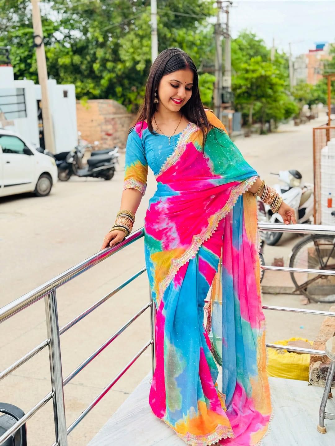 Premium Shibori Paint Chiffon Saree with Heavy Coding