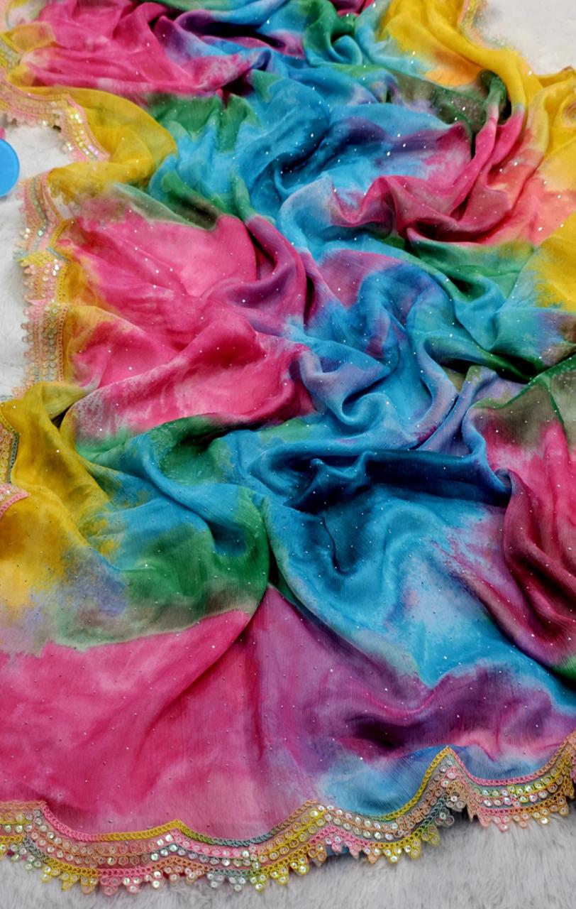 Premium Shibori Paint Chiffon Saree with Heavy Coding