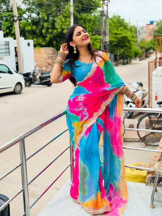 Premium Shibori Paint Chiffon Saree with Heavy Coding