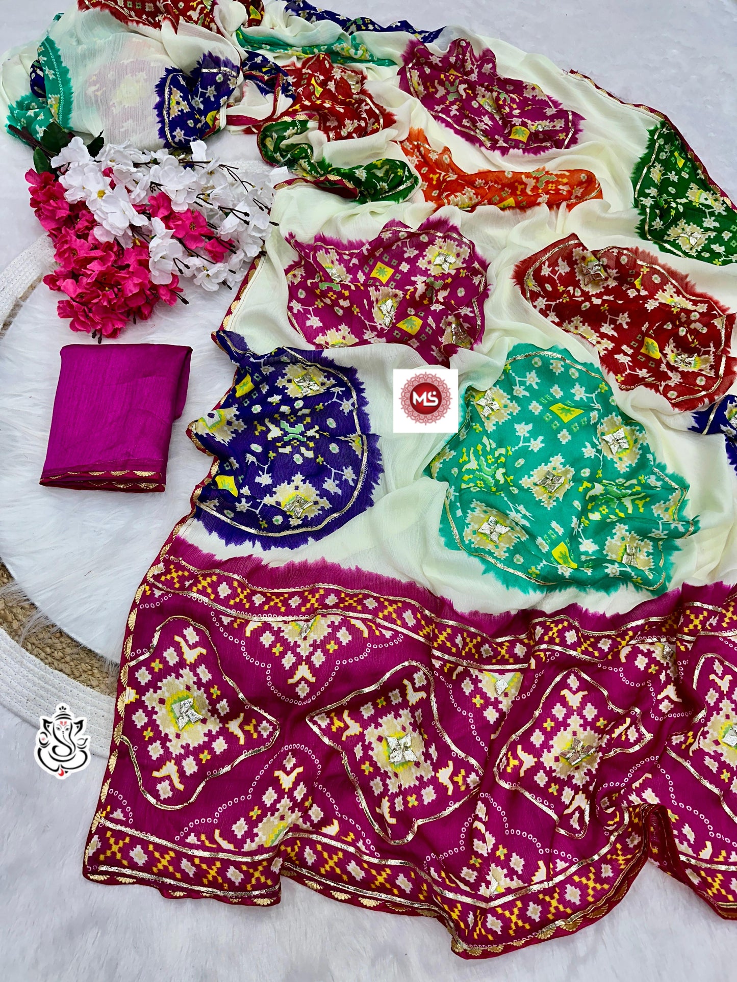 Premium Moss Chiffon Jaipuri Bandhej Patola Saree