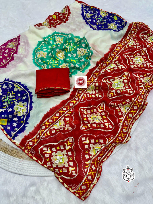 Premium Moss Chiffon Jaipuri Bandhej Patola Saree