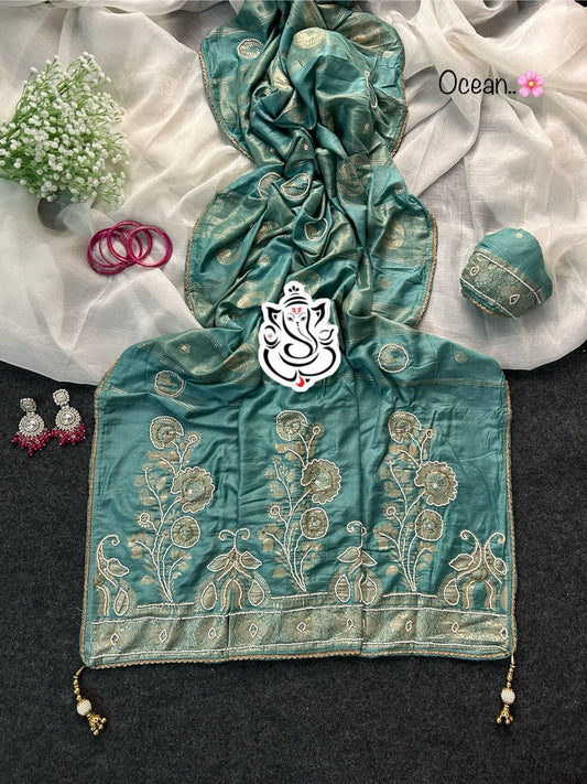 Exclusive Pure Dola Silk Saree Moti Cutdana & Sequence Handwork