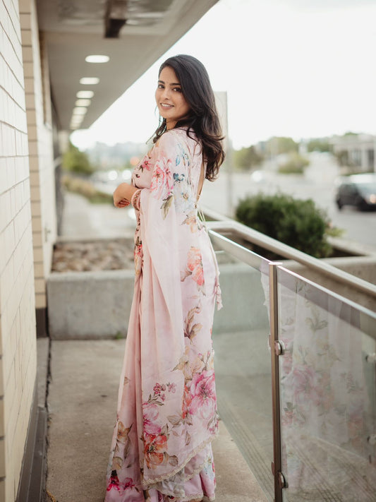 Soft Tebby Silk Saree Beautiful Floral Print with Beads & Katdana Handwork