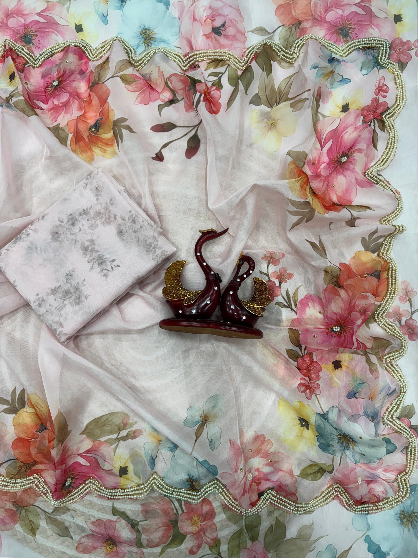 Soft Tebby Silk Saree Beautiful Floral Print with Beads & Katdana Handwork