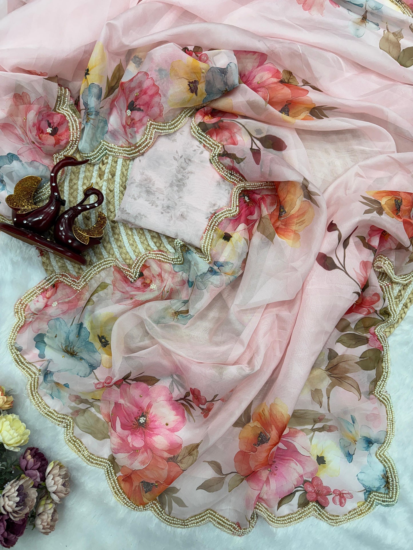 Soft Tebby Silk Saree Beautiful Floral Print with Beads & Katdana Handwork