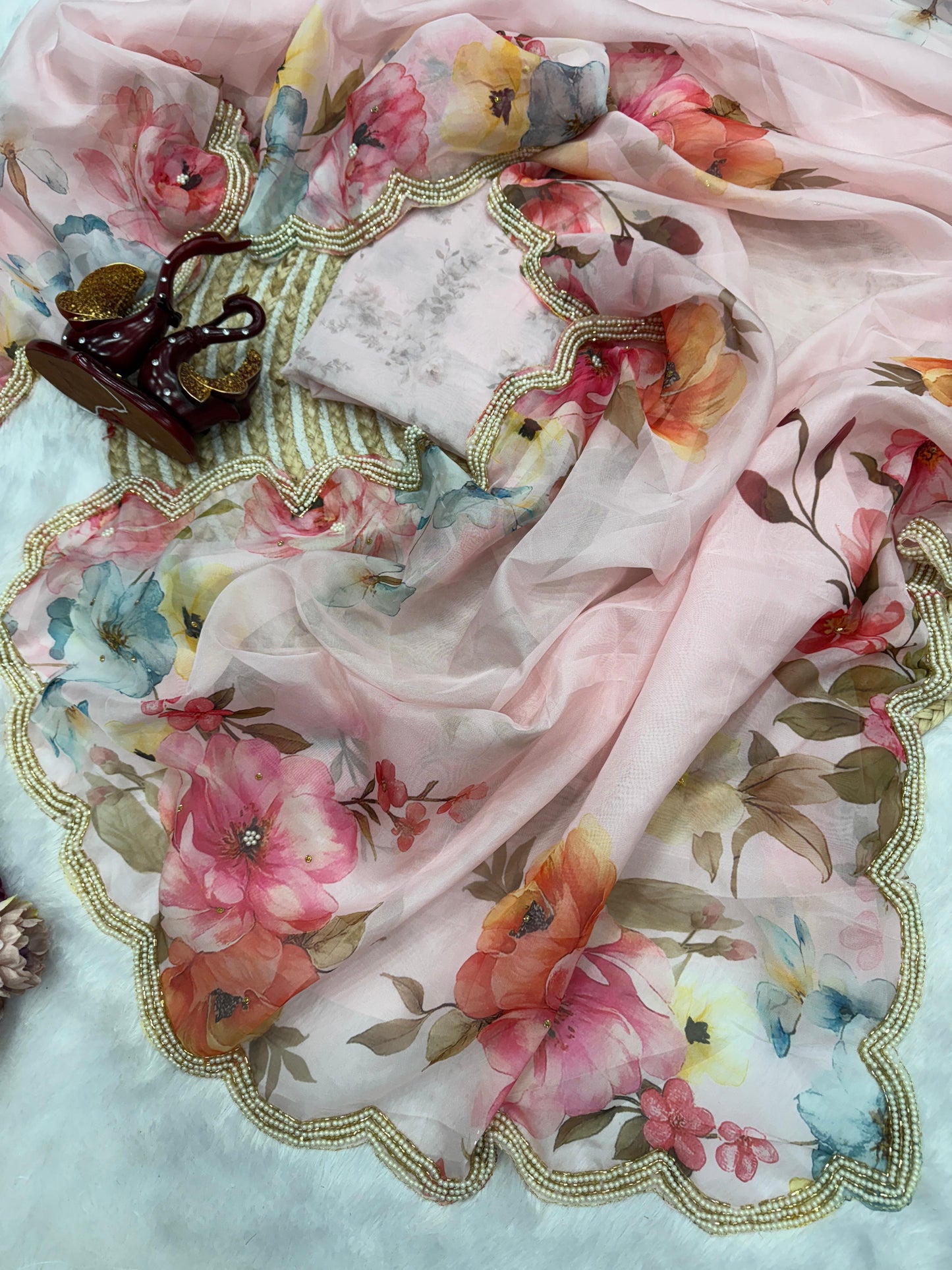 Soft Tebby Silk Saree Beautiful Floral Print with Beads & Katdana Handwork