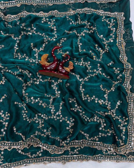 Luxurious Space Silk Saree Trending Handwork Design Original Beads Work