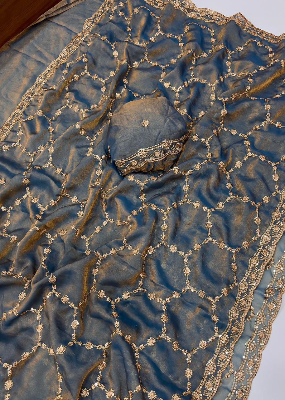 Moss Satin Dual-Shade Multi-Sequin Embroidery Saree