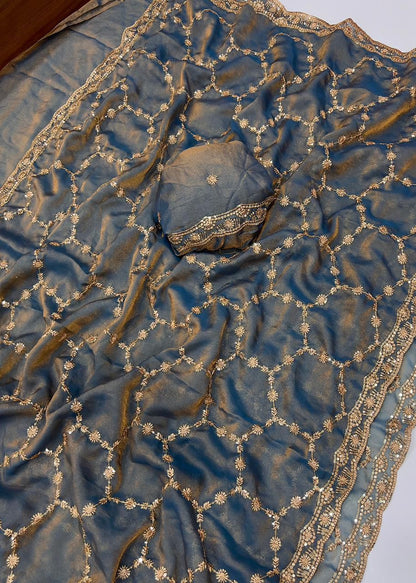 Moss Satin Dual-Shade Multi-Sequin Embroidery Saree