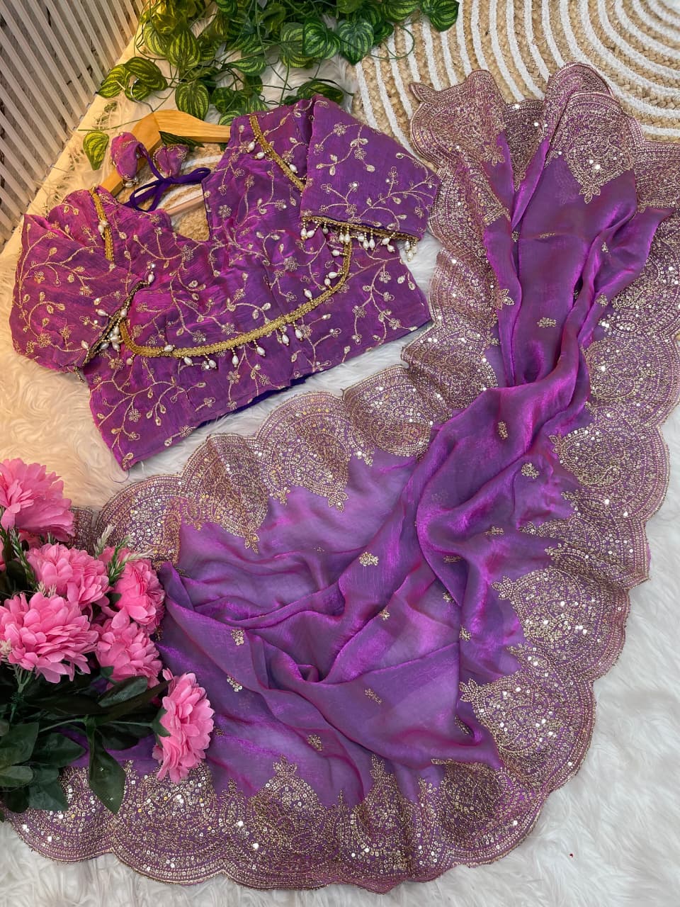 Pure Soft Fendy Chiffon Embroidered Saree with Heavy 3 mm Sequence Border