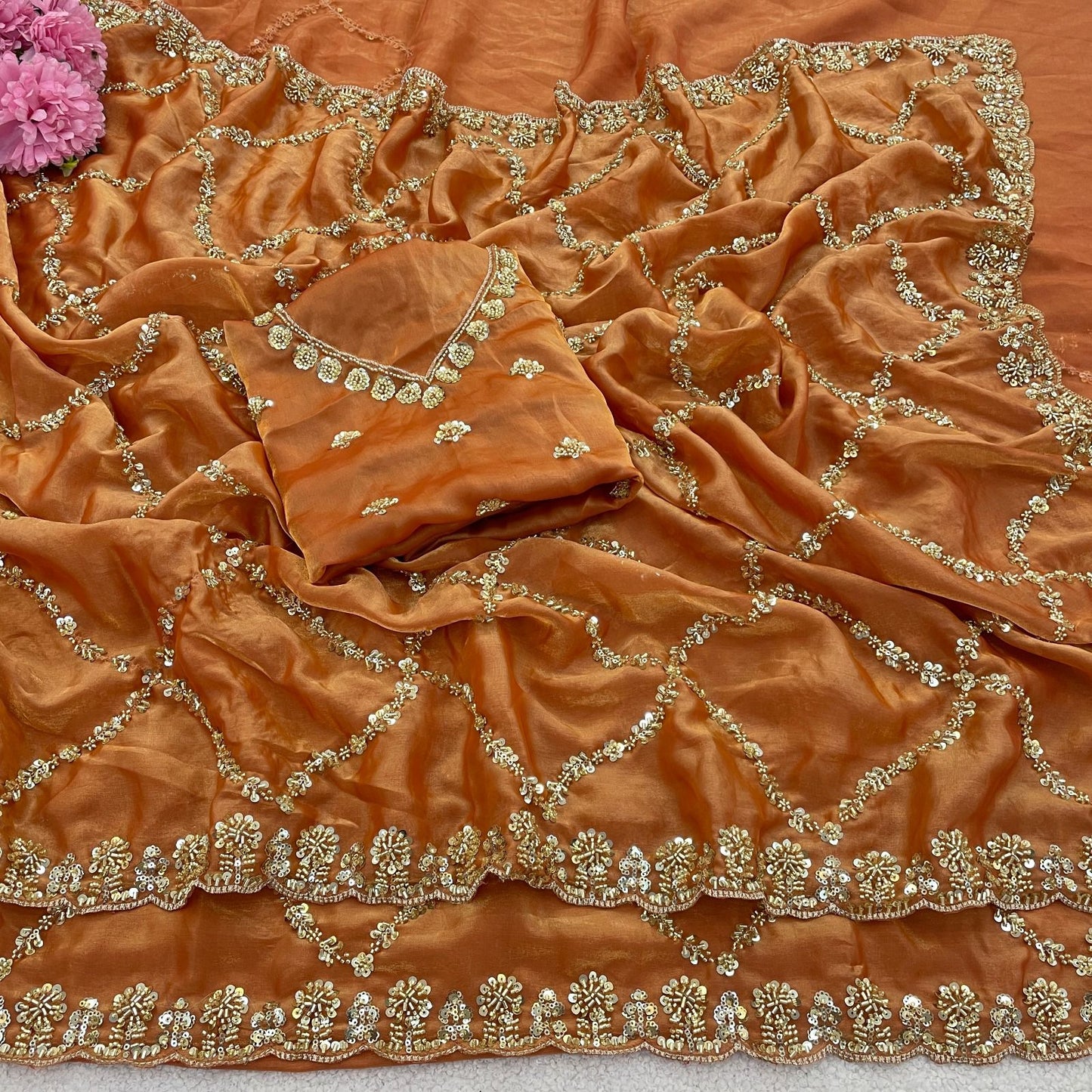 Pure Soft Fandy Satin Silk Saree with Real Cut Dana Handwork & Designer C-Pallu