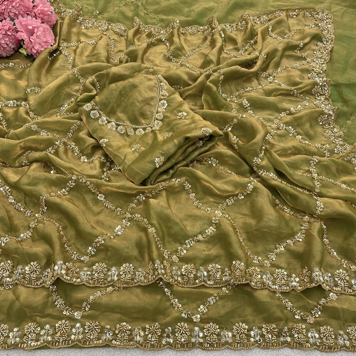 Pure Soft Fandy Satin Silk Saree with Real Cut Dana Handwork & Designer C-Pallu