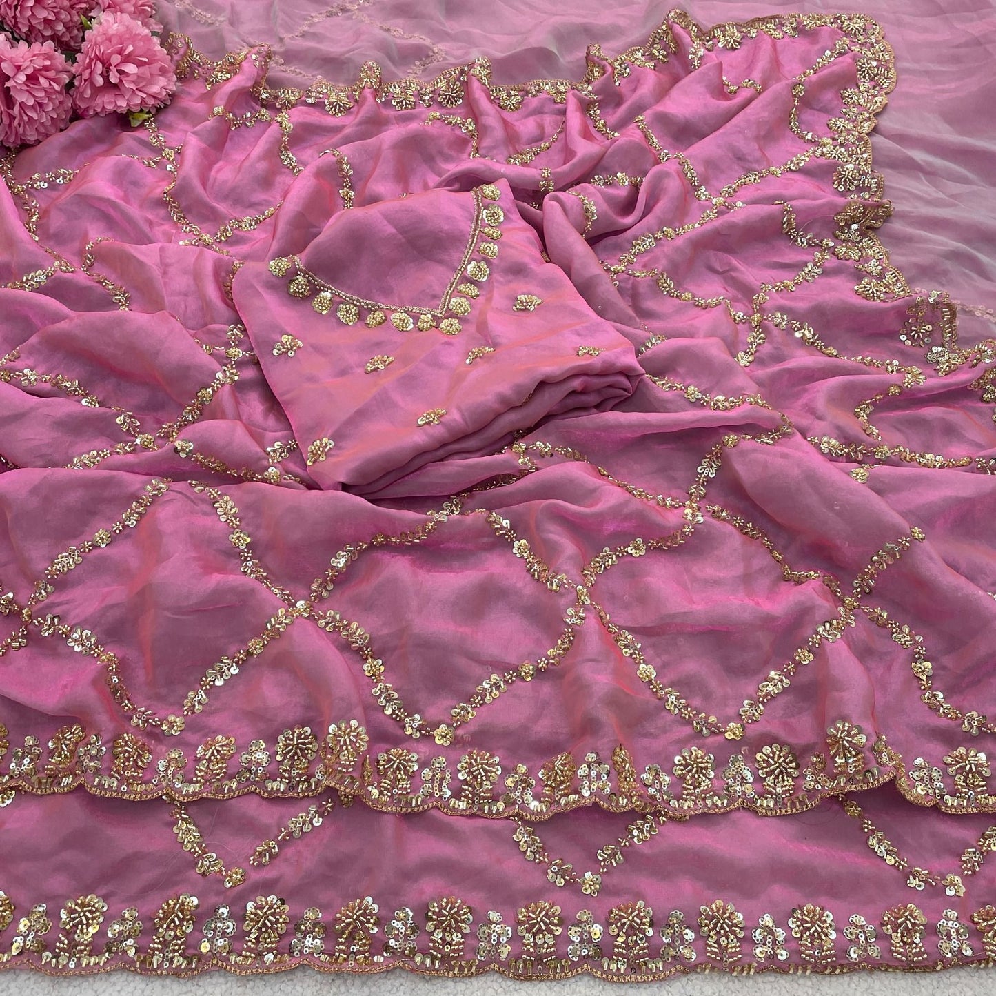 Pure Soft Fandy Satin Silk Saree with Real Cut Dana Handwork & Designer C-Pallu