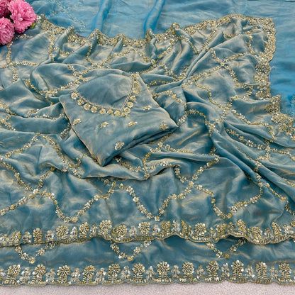 Pure Soft Fandy Satin Silk Saree with Real Cut Dana Handwork & Designer C-Pallu