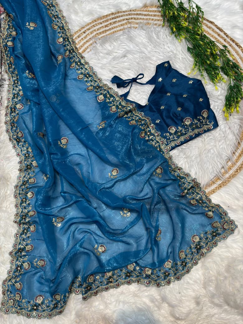 Premium Crunchy Silk Embroidered Saree with Designer Raw Silk Blouse