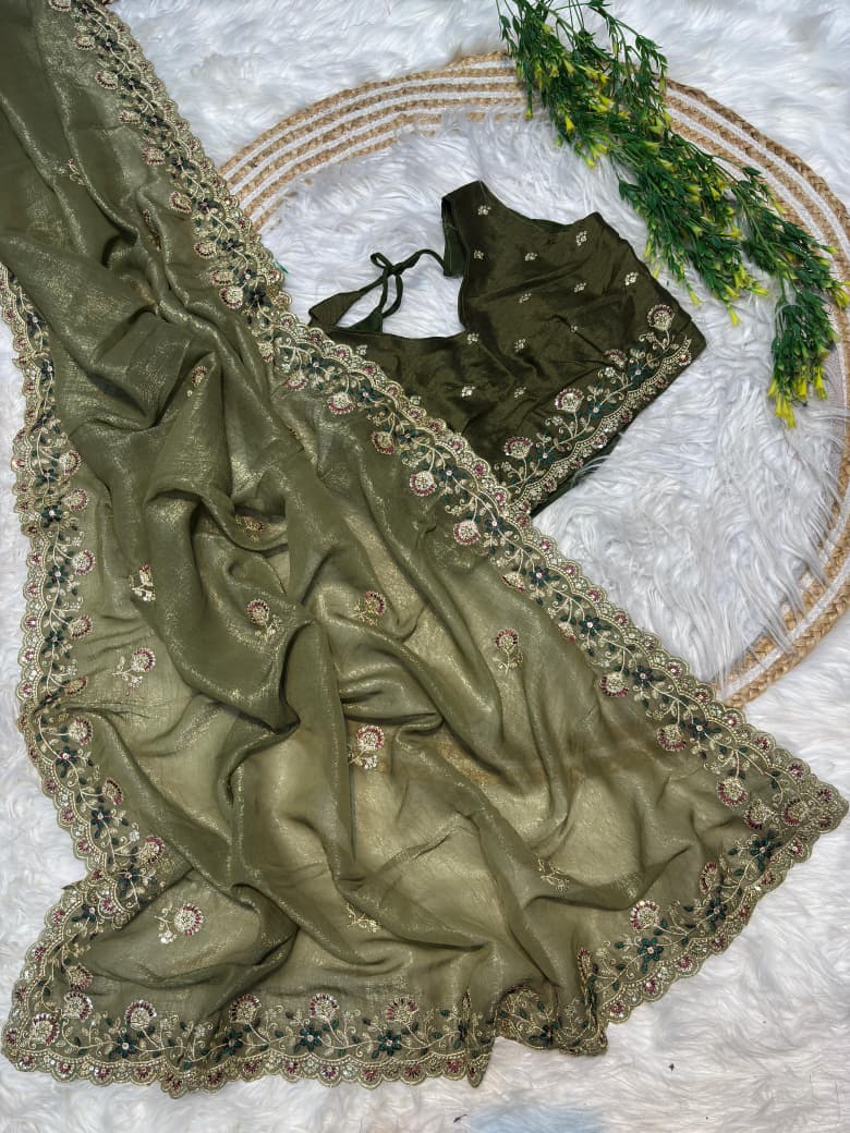 Premium Crunchy Silk Embroidered Saree with Designer Raw Silk Blouse