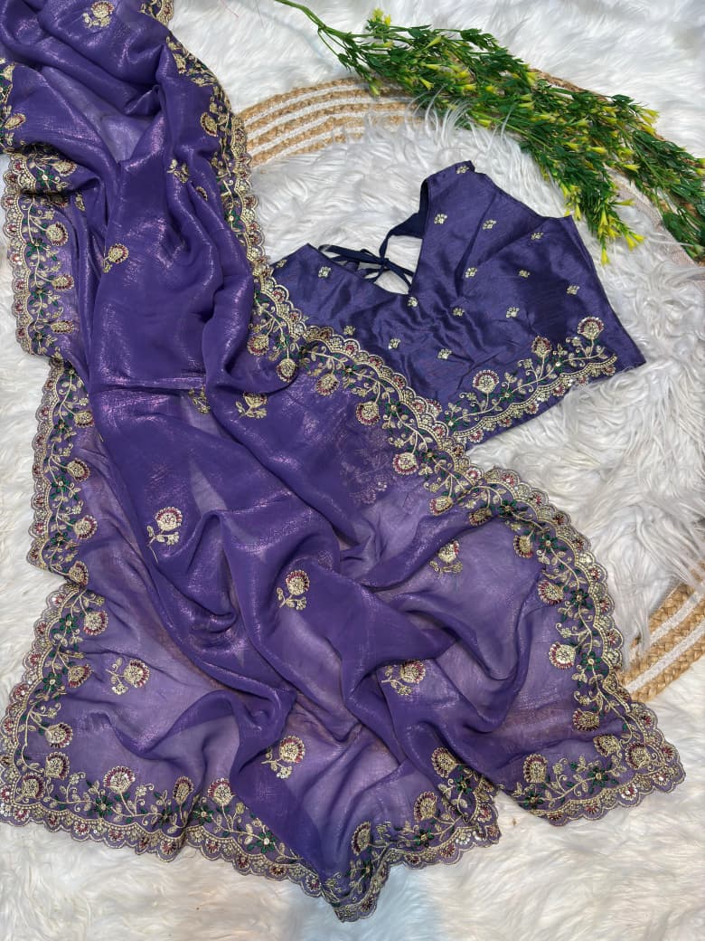 Premium Crunchy Silk Embroidered Saree with Designer Raw Silk Blouse