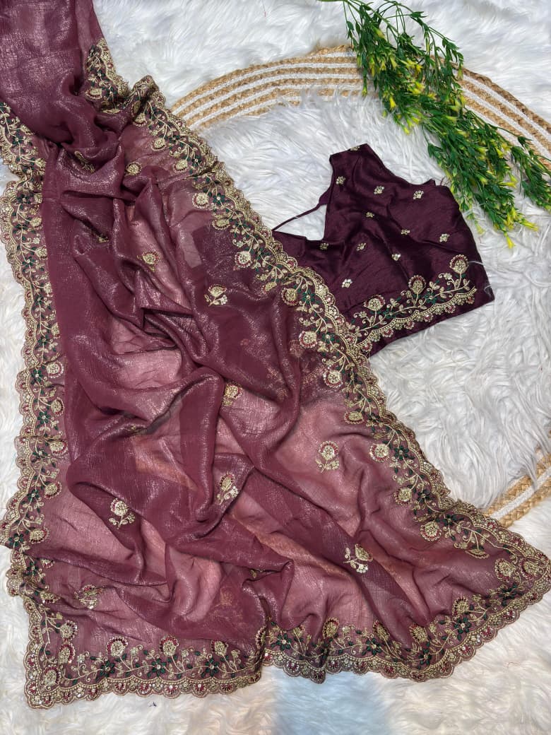 Premium Crunchy Silk Embroidered Saree with Designer Raw Silk Blouse