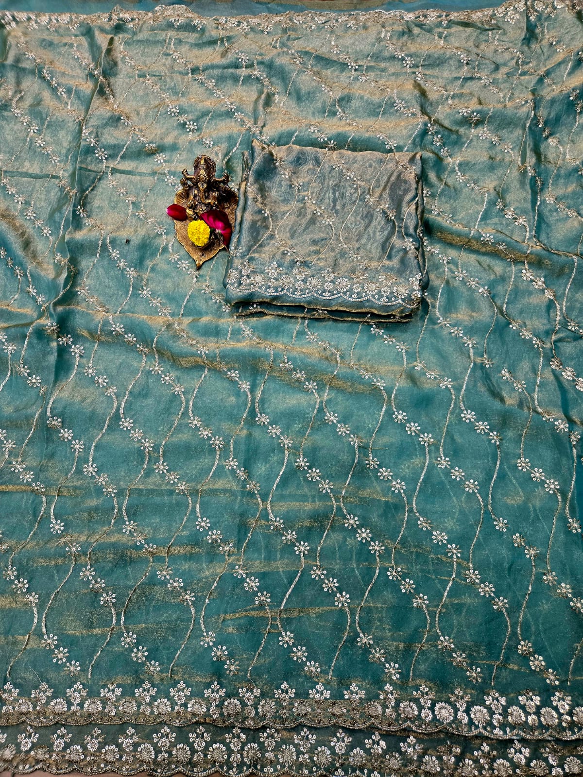 Premium Fendy Satin Dual Shade Saree with Multi Sequence Embroidery