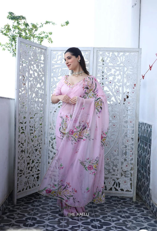 Premium Soft Tebby Silk Floral Saree with Handcrafted Beads