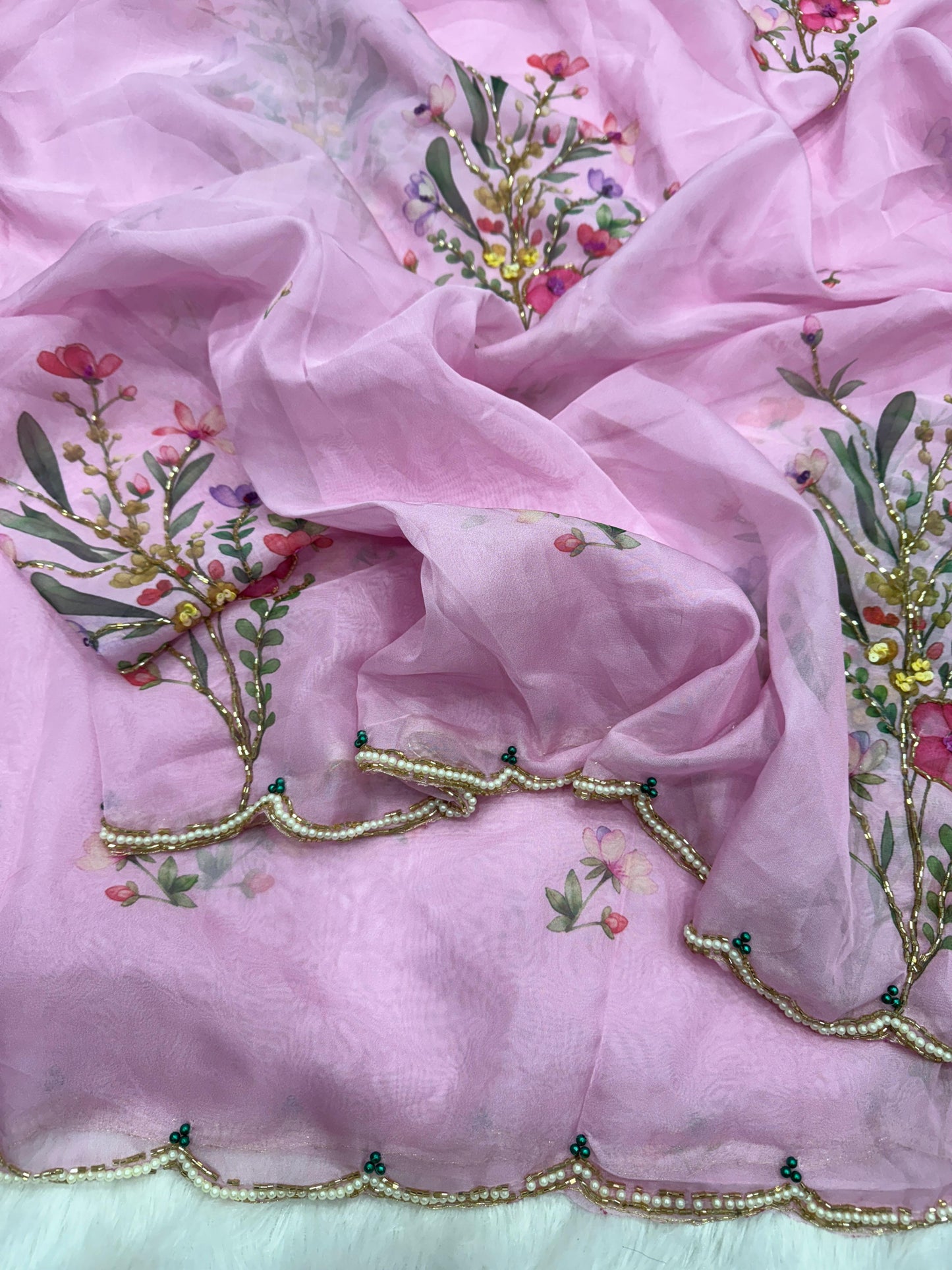 Premium Soft Tebby Silk Floral Saree with Handcrafted Beads