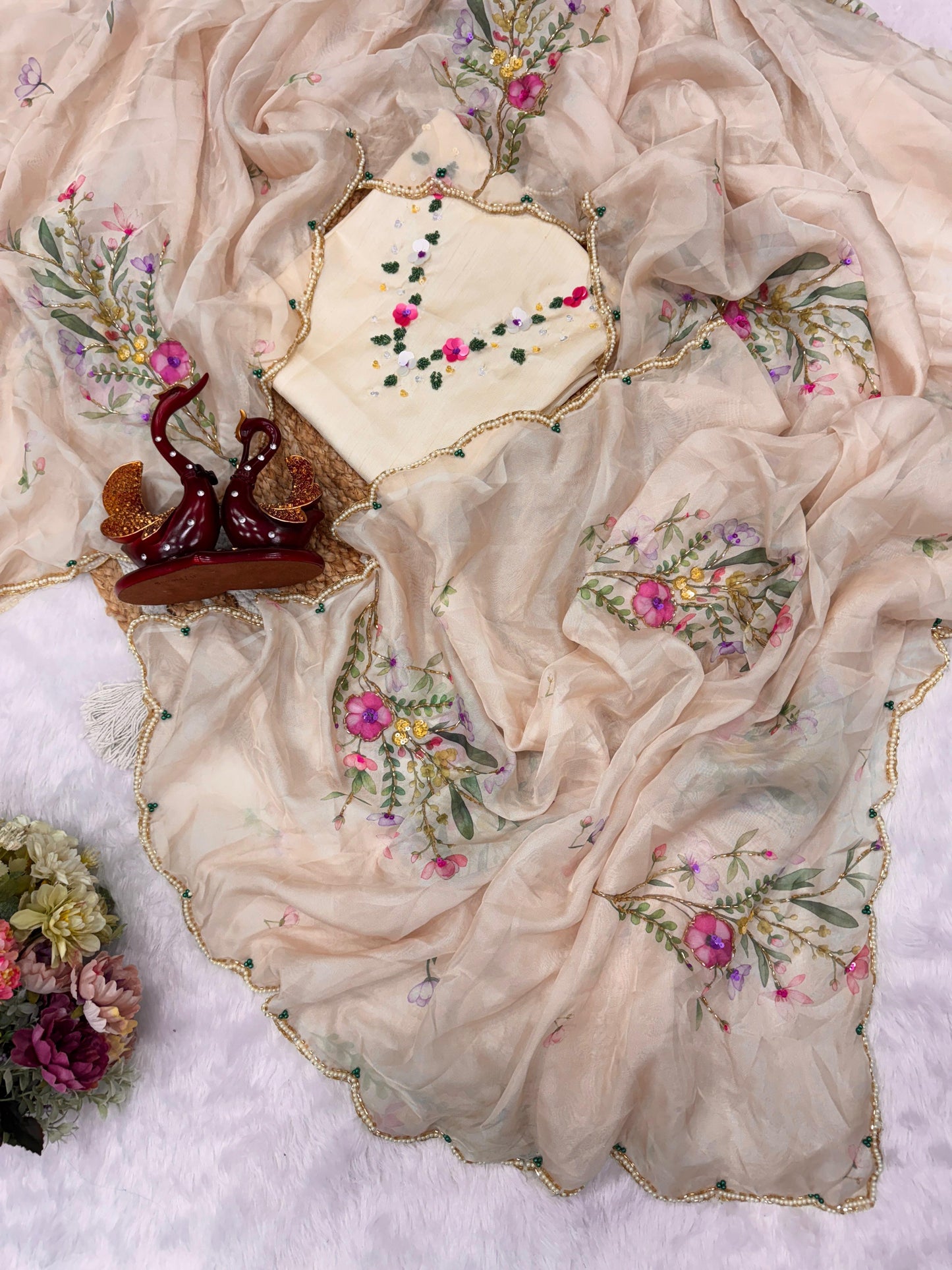 Premium Soft Tebby Silk Floral Saree with Handcrafted Beads