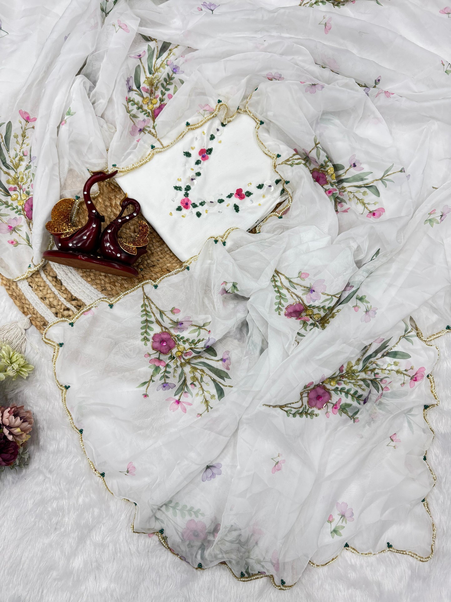 Premium Soft Tebby Silk Floral Saree with Handcrafted Beads