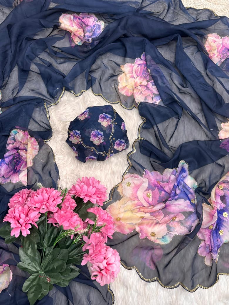 Premium Pure Soft Teby Silk Saree with Digital Floral Prints