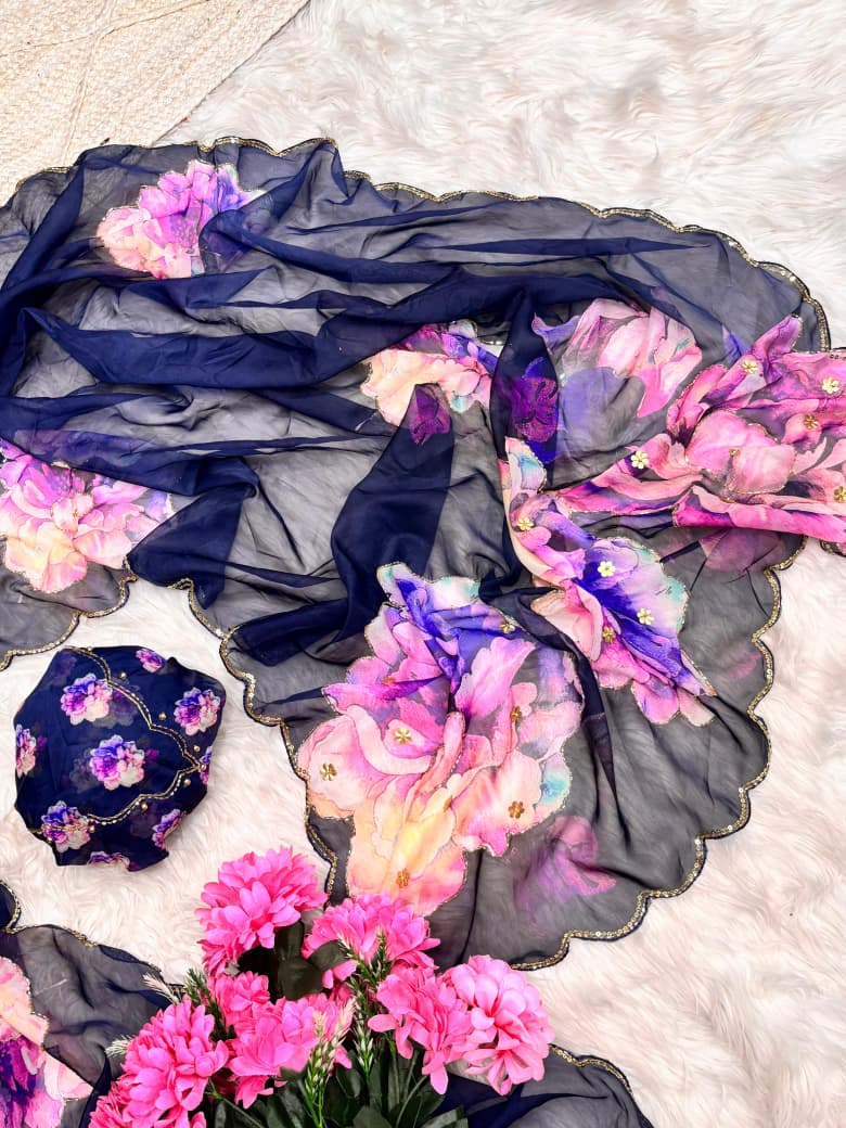 Premium Pure Soft Teby Silk Saree with Digital Floral Prints