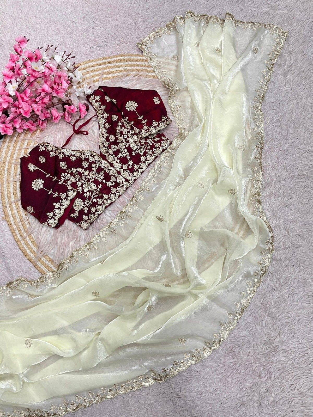 Premium Fendy Satin Silk Saree with Heavy Sequins & Coding Embroidery