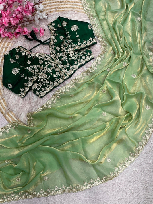 Premium Fendy Satin Silk Saree with Heavy Sequins & Coding Embroidery