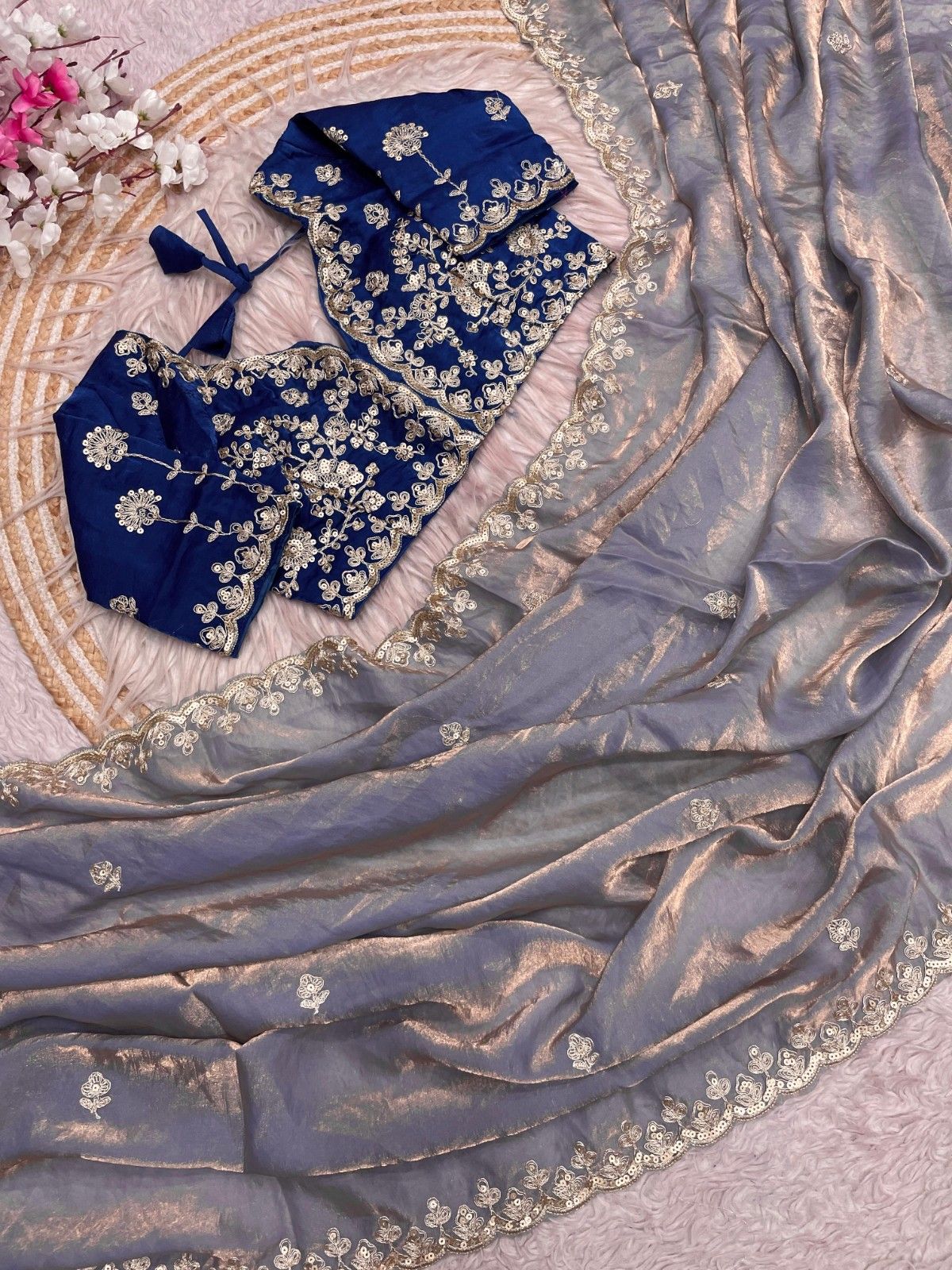 Premium Fendy Satin Silk Saree with Heavy Sequins & Coding Embroidery