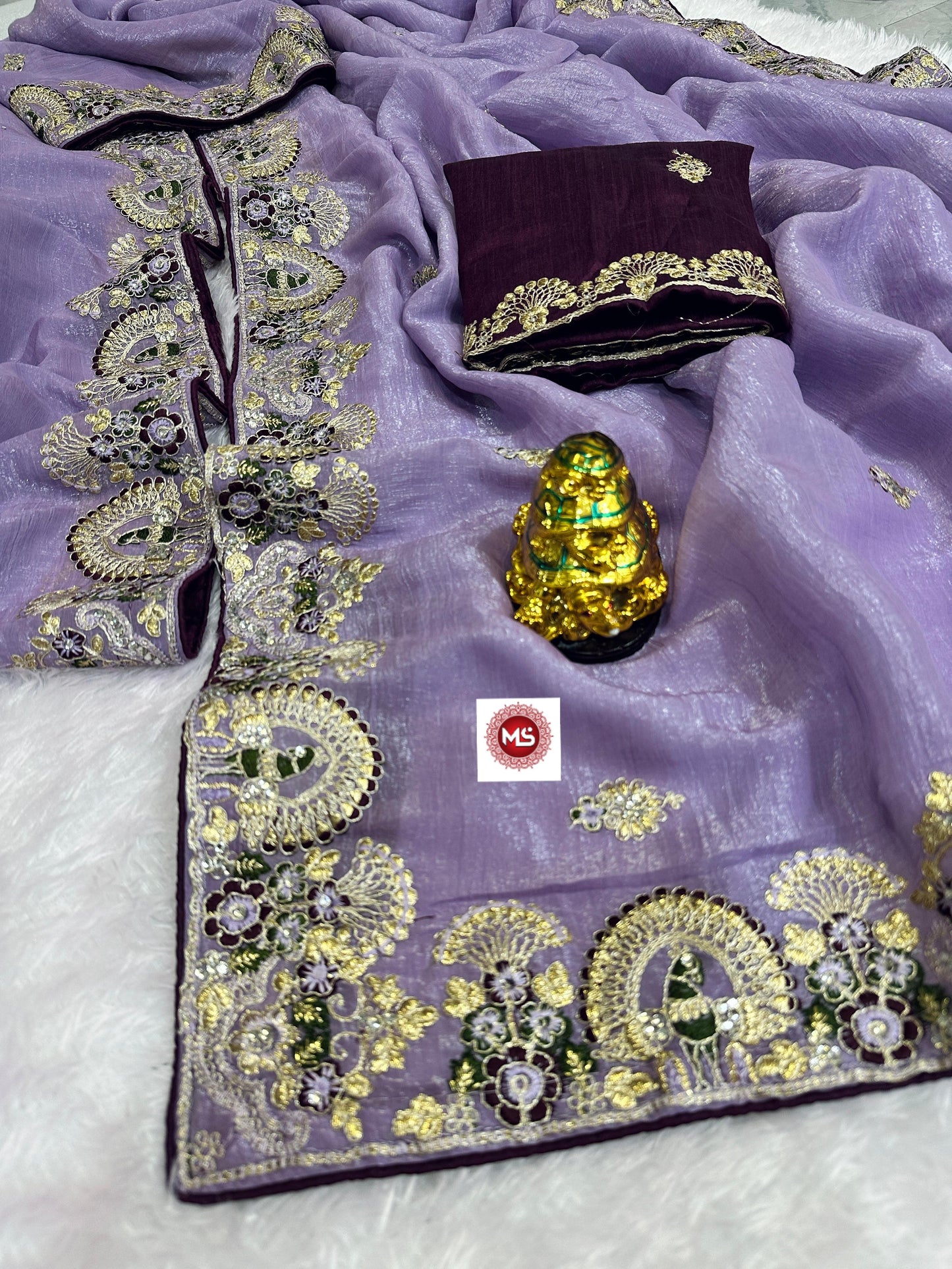 Premium Crunchy Silk Saree with Heavy Jarkan Diamond Work