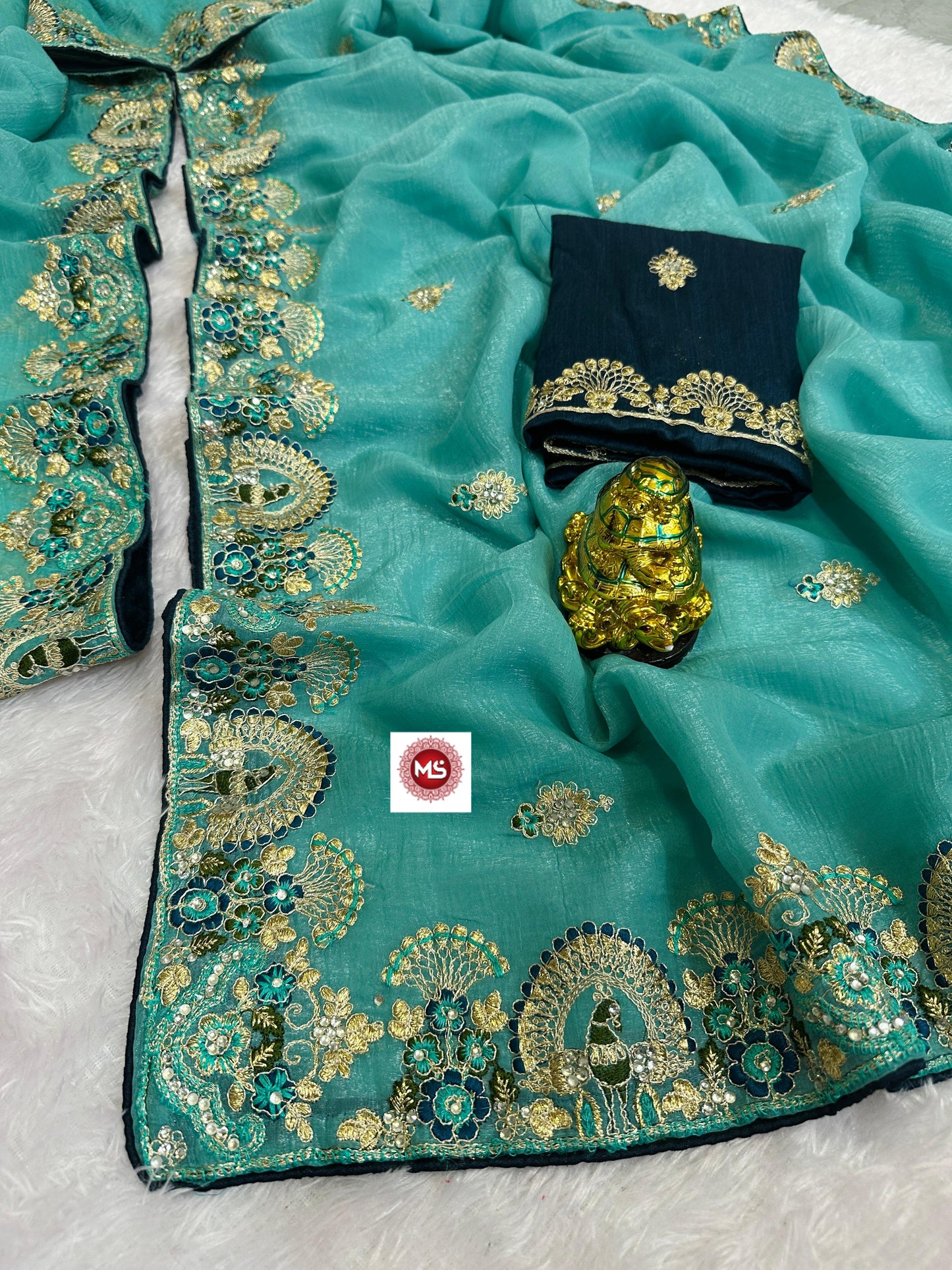 Premium Crunchy Silk Saree with Heavy Jarkan Diamond Work