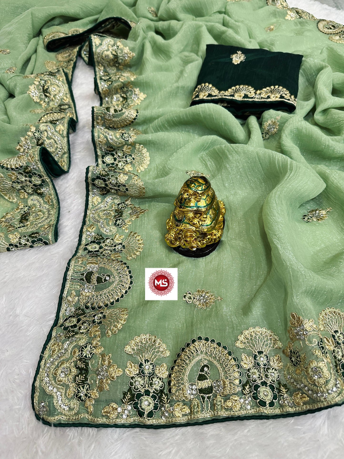 Premium Crunchy Silk Saree with Heavy Jarkan Diamond Work