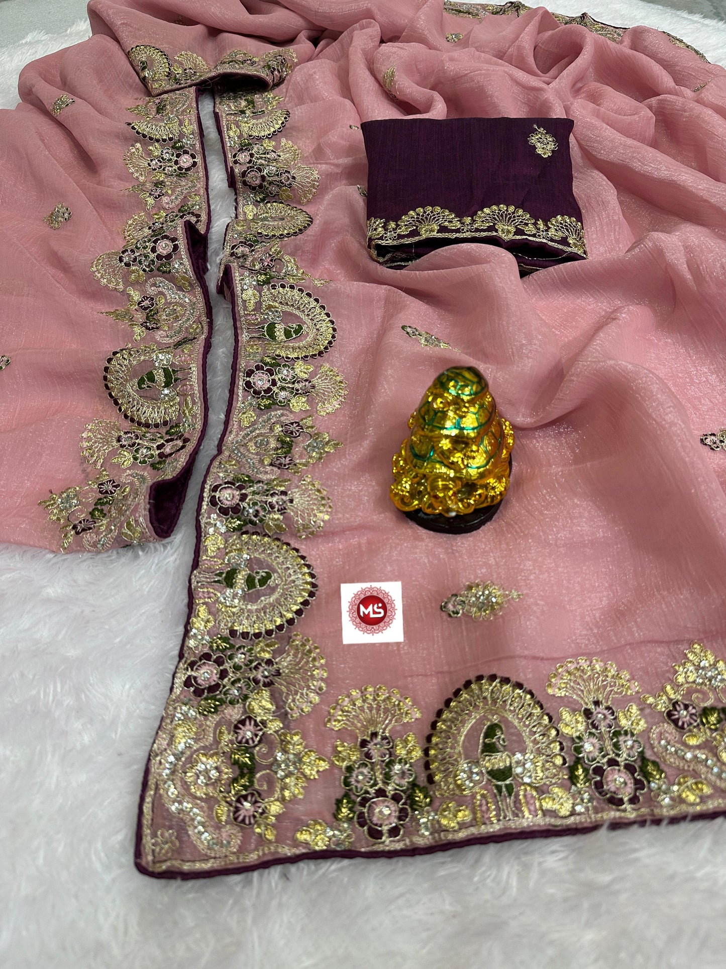 Premium Crunchy Silk Saree with Heavy Jarkan Diamond Work