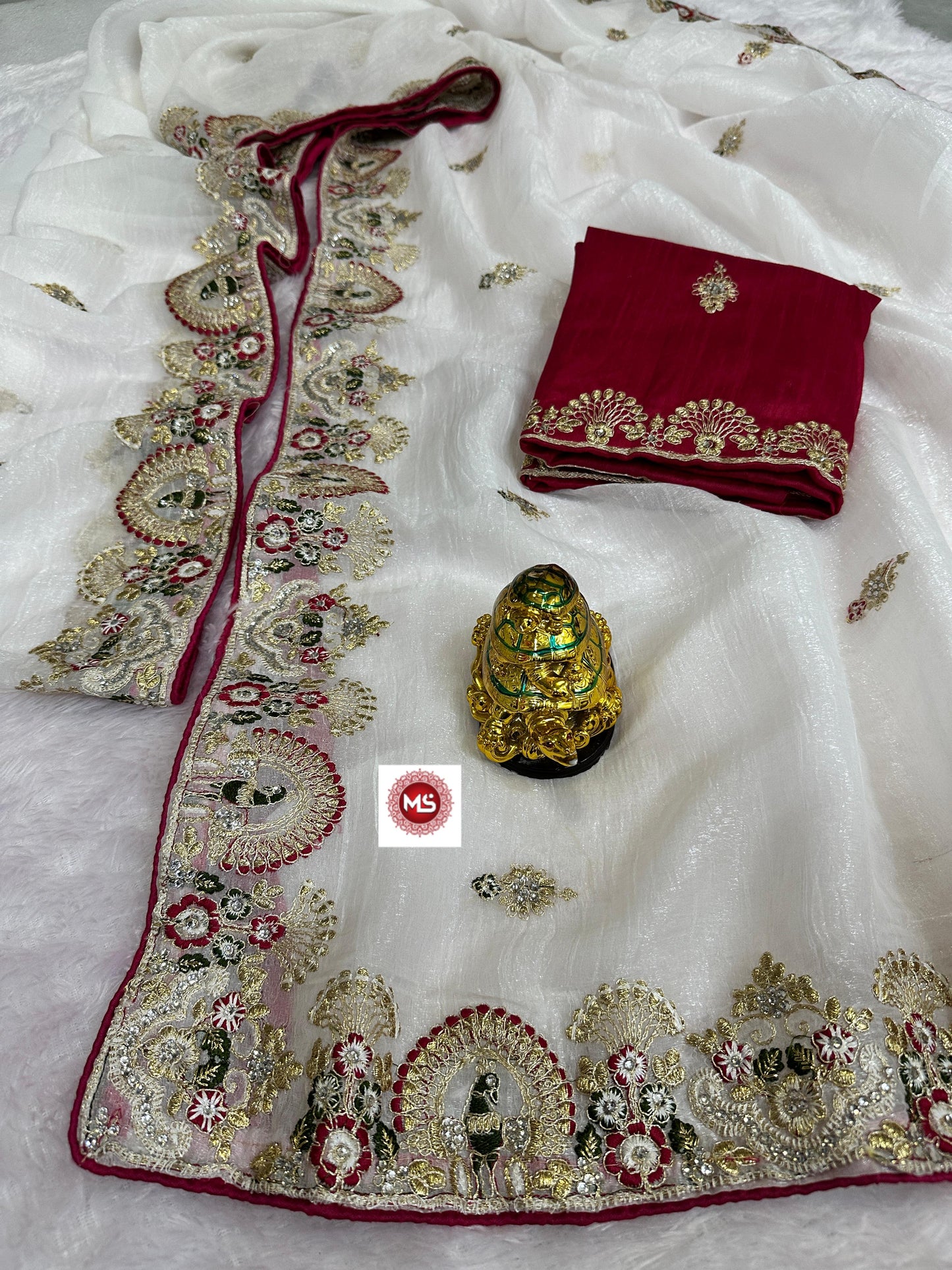 Premium Crunchy Silk Saree with Heavy Jarkan Diamond Work