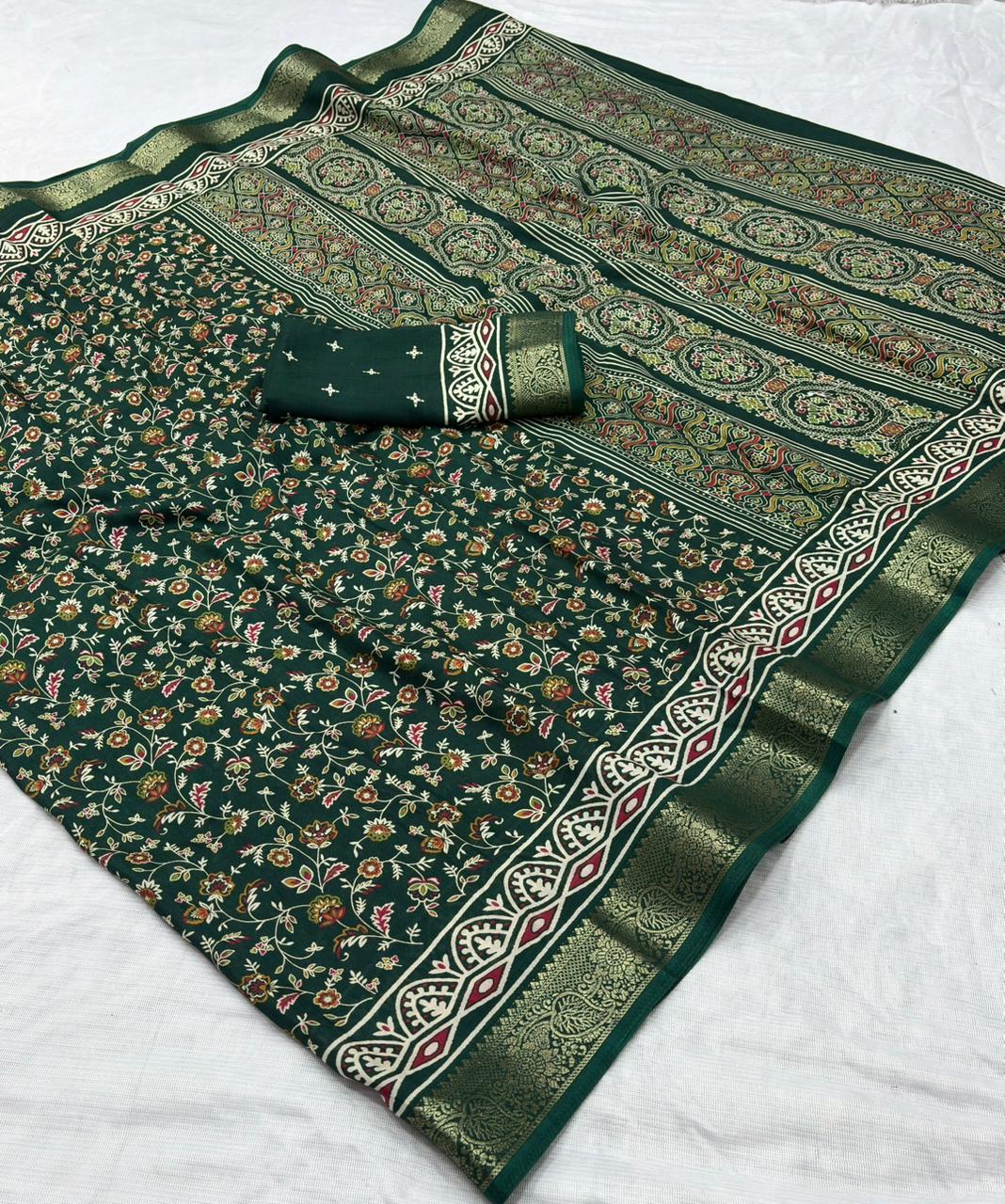 Premium Dola Silk Saree Printed All Over & Jekad Border