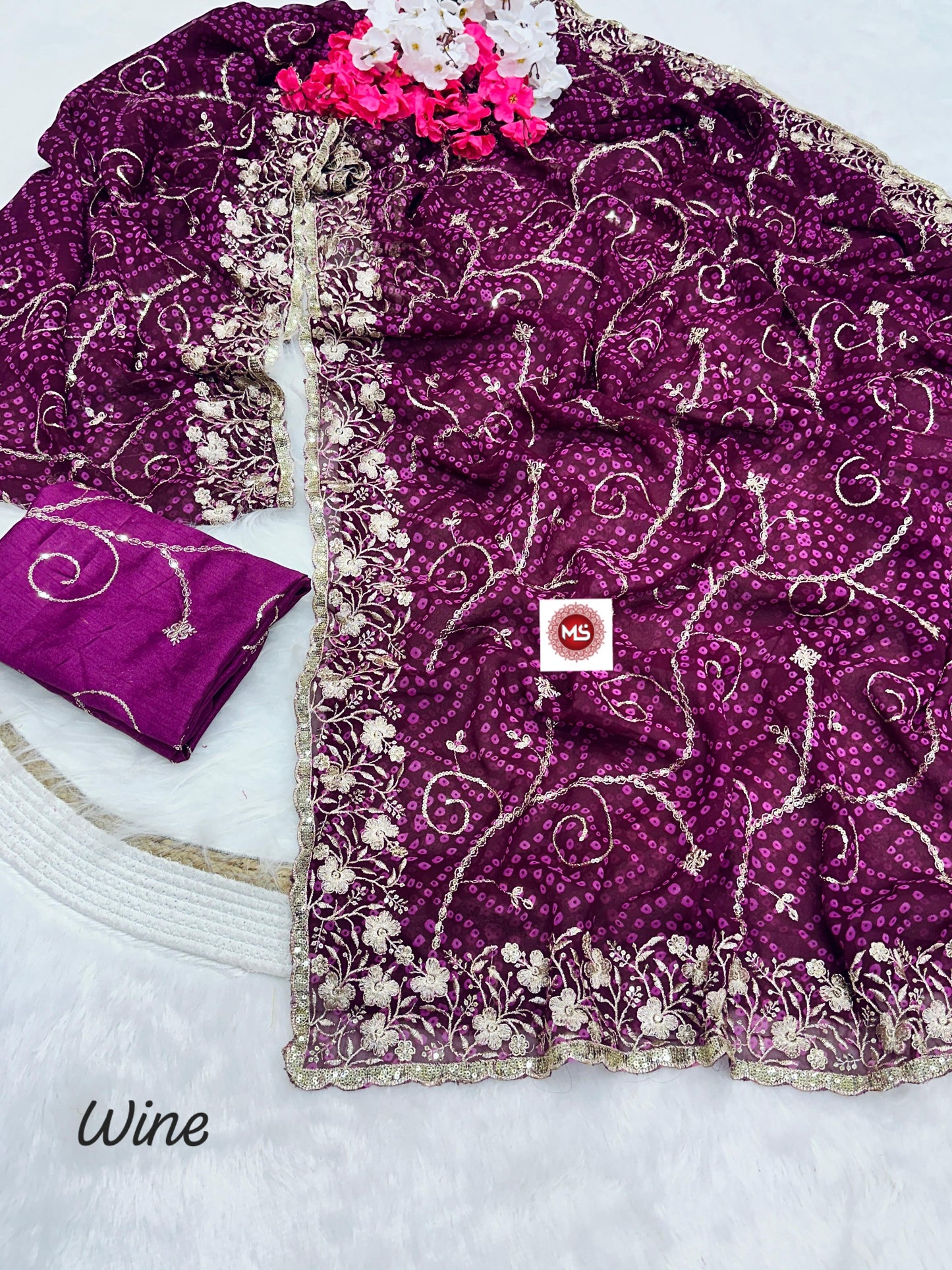 Soft Georgette Silk Bandhani Saree Heavy C-Pallu Sequins & Zari Work