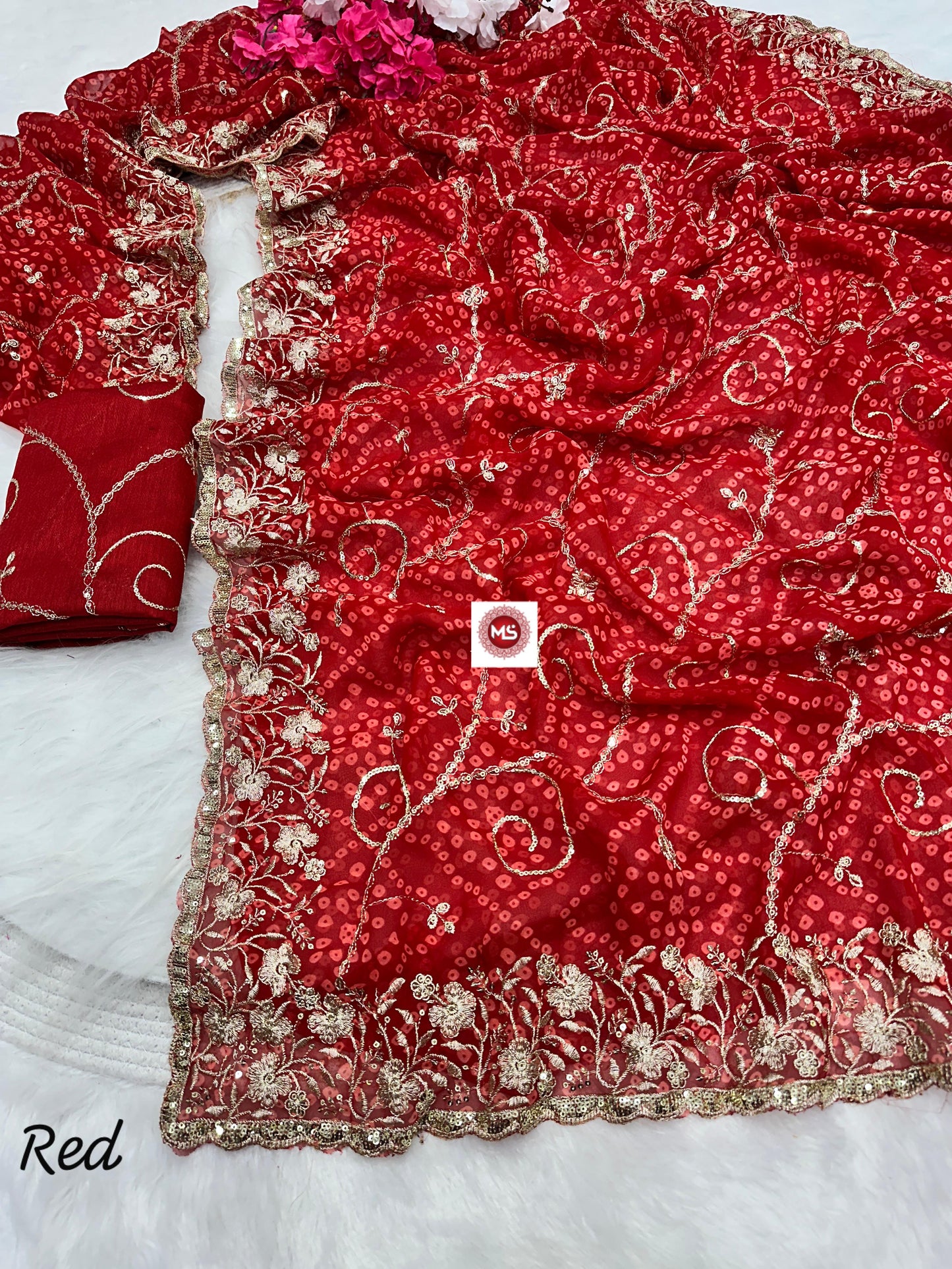 Soft Georgette Silk Bandhani Saree Heavy C-Pallu Sequins & Zari Work