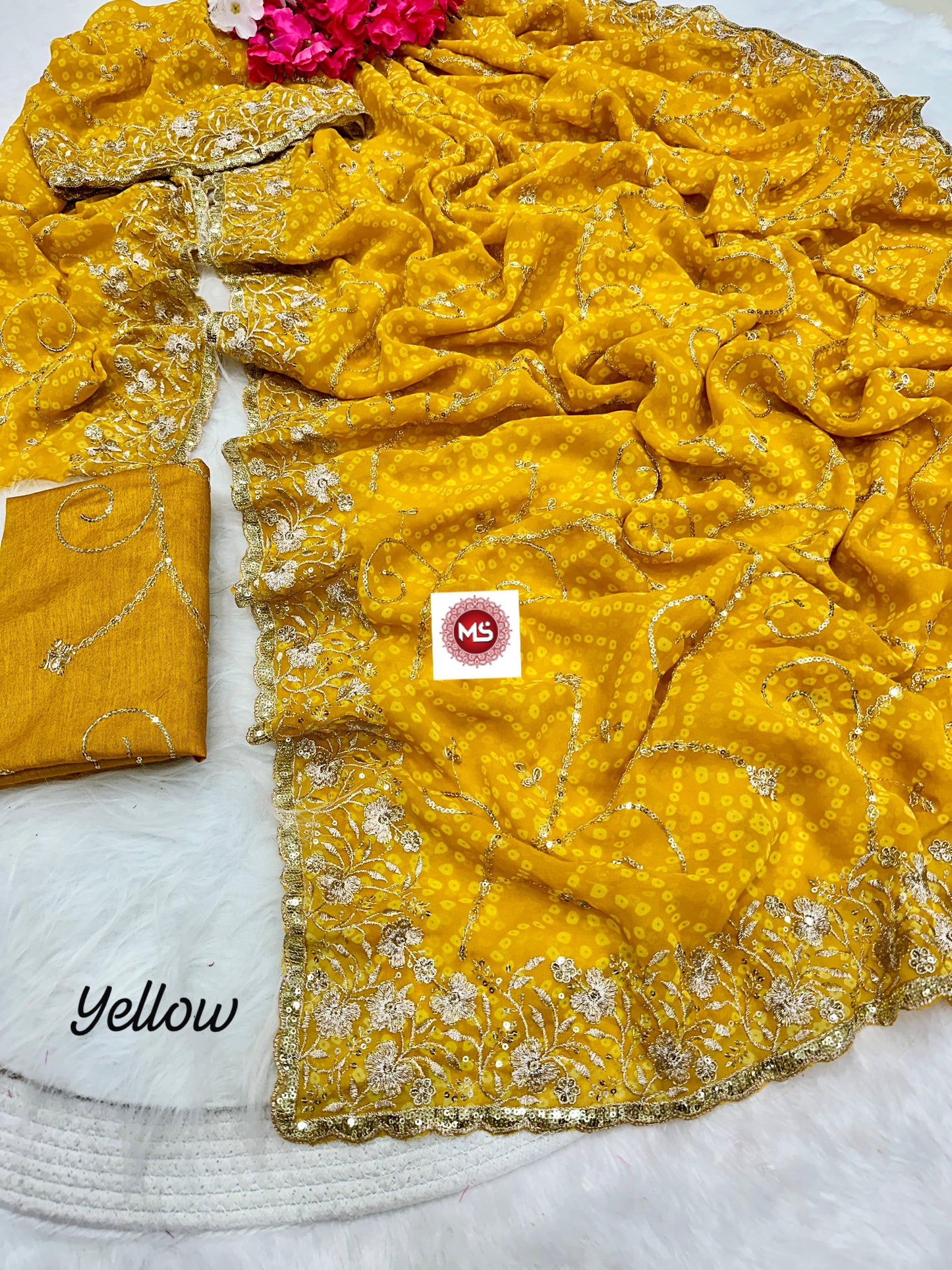 Soft Georgette Silk Bandhani Saree Heavy C-Pallu Sequins & Zari Work