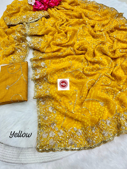 Soft Georgette Silk Bandhani Saree Heavy C-Pallu Sequins & Zari Work