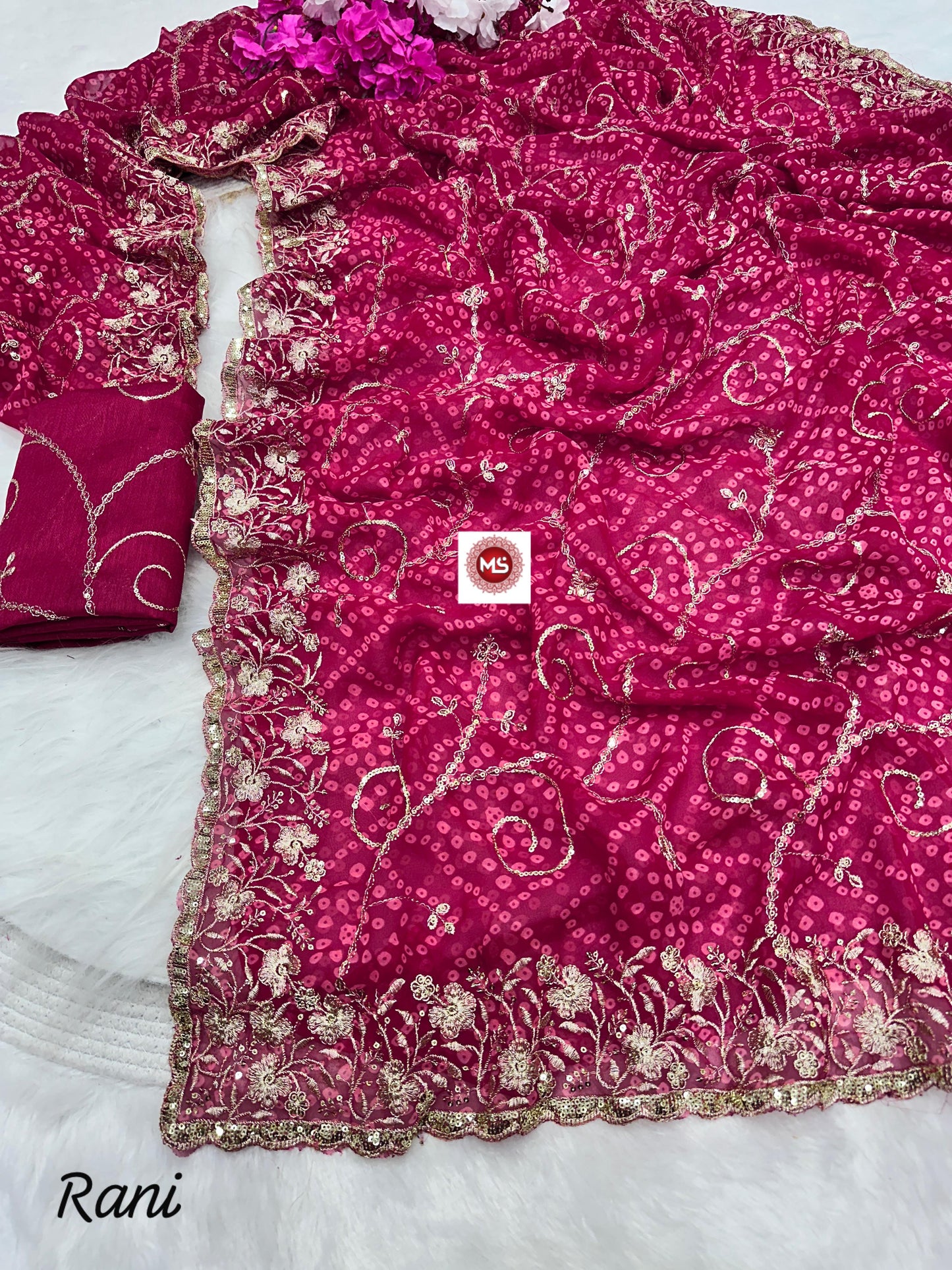 Soft Georgette Silk Bandhani Saree Heavy C-Pallu Sequins & Zari Work