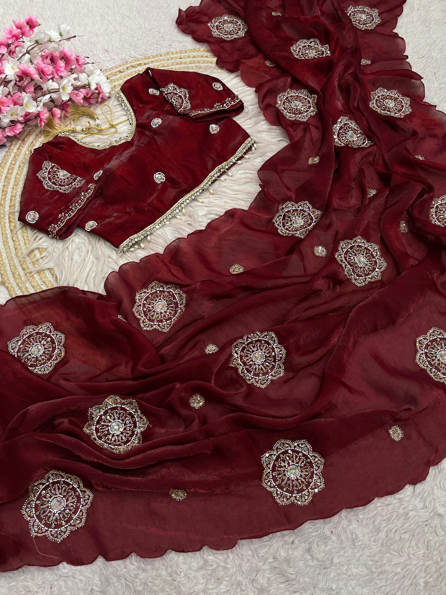 Fandy Satin Saree Beautiful Khatli & Bricks Work With Designer Arco Border