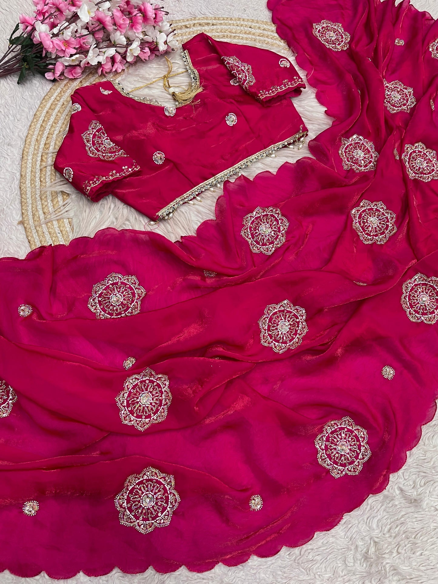 Fandy Satin Saree Beautiful Khatli & Bricks Work With Designer Arco Border