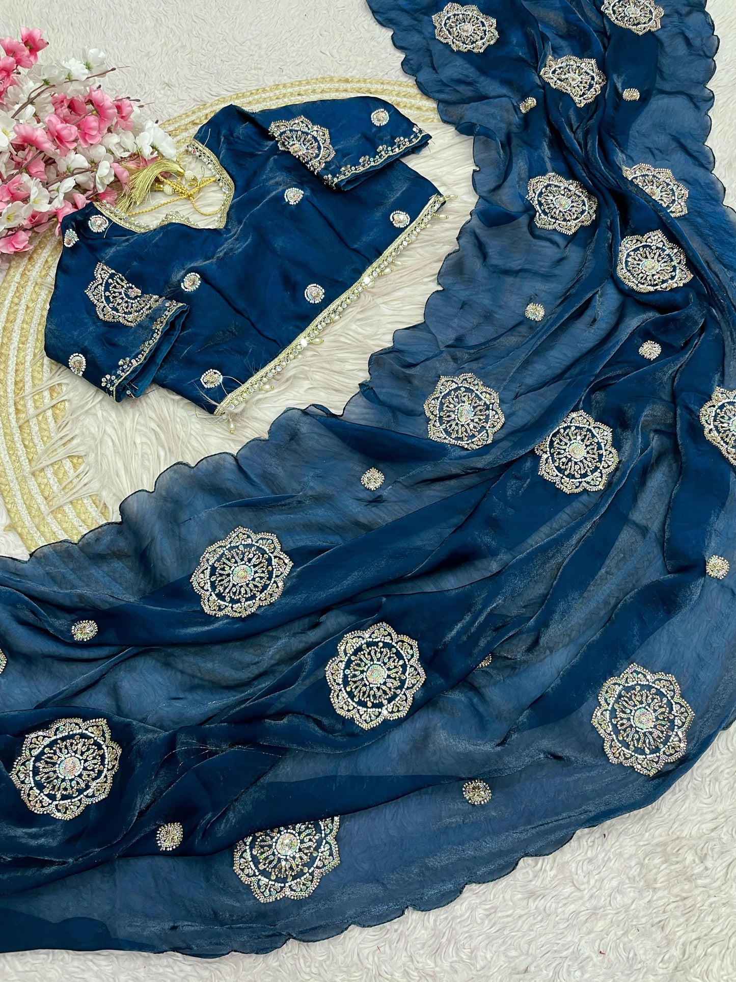 Fandy Satin Saree Beautiful Khatli & Bricks Work With Designer Arco Border