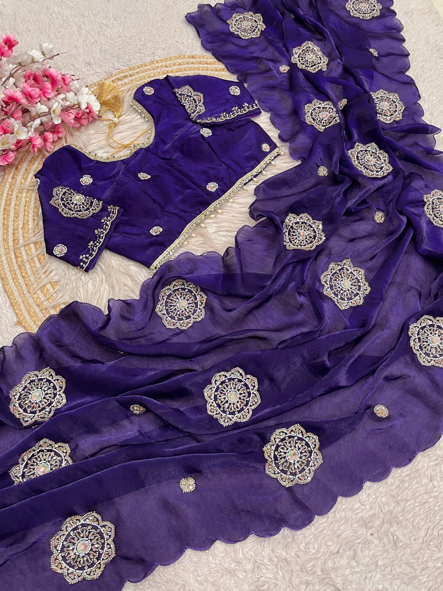 Fandy Satin Saree Beautiful Khatli & Bricks Work With Designer Arco Border