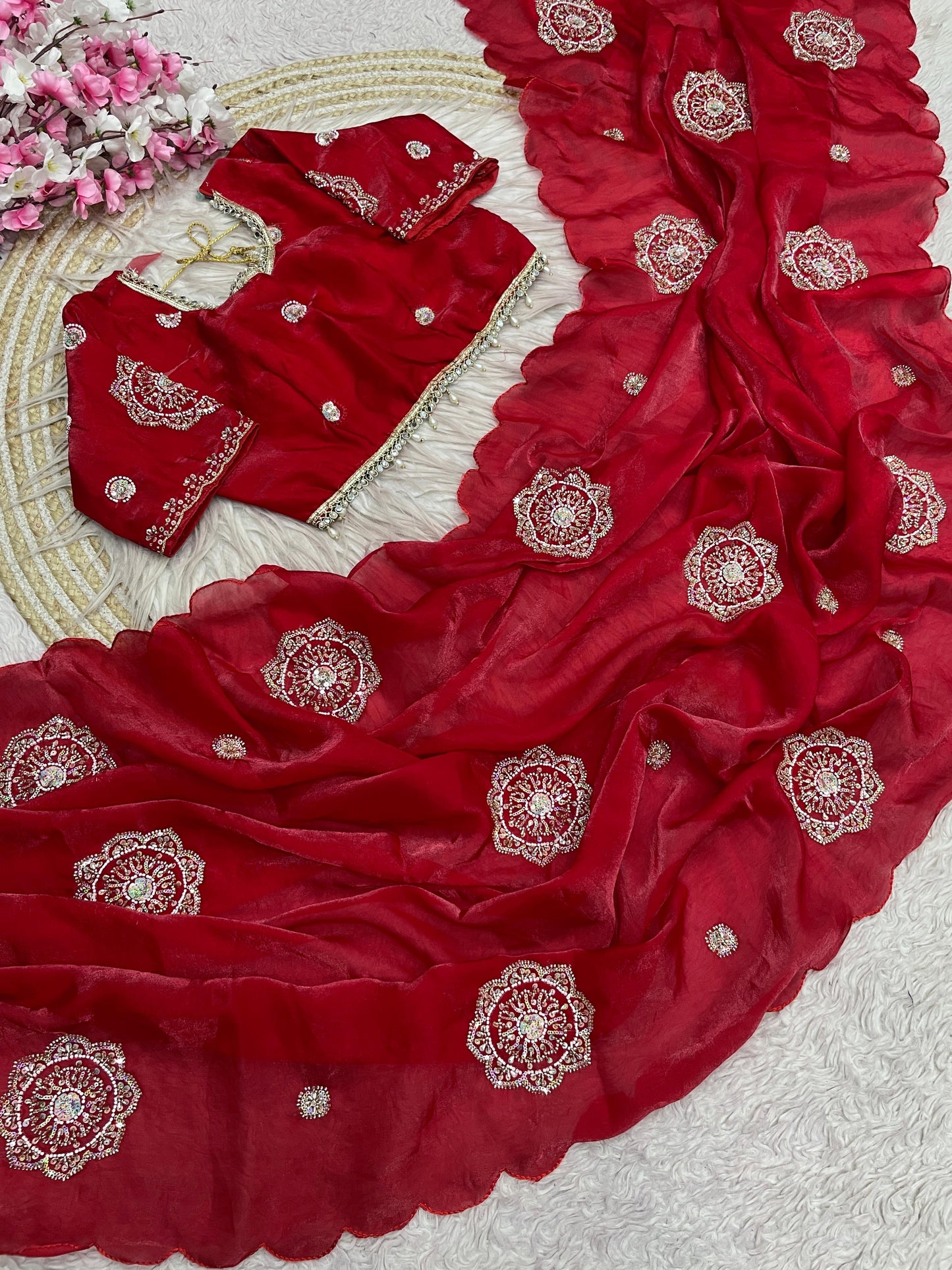Fandy Satin Saree Beautiful Khatli & Bricks Work With Designer Arco Border